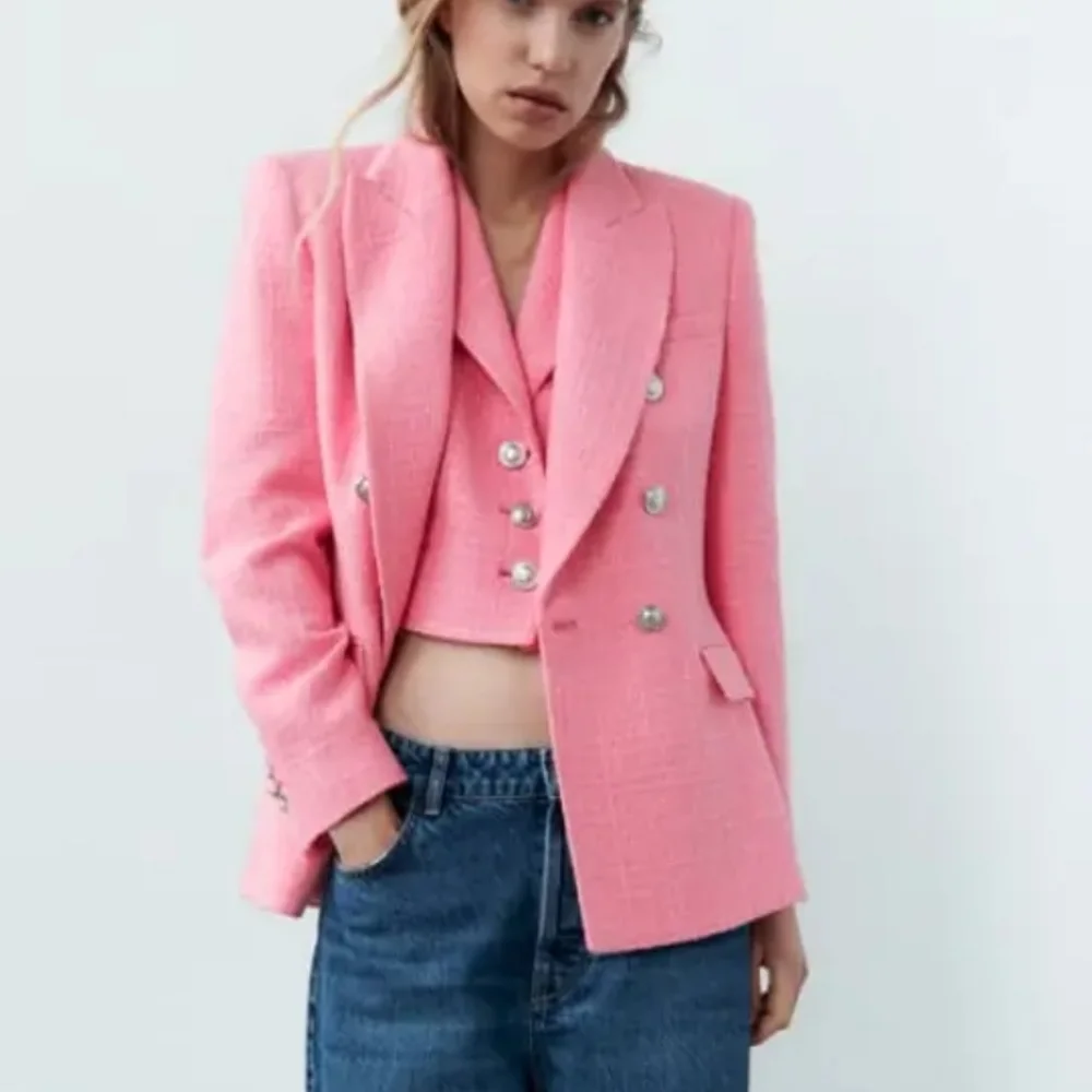 Zara Textured Tweed  Double Breasted  Blazer pink size M - Picture 12 of 15